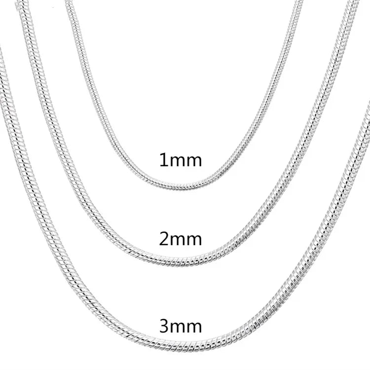 Solid Snake Chain Necklace for Men Women Fashion Jewelry for Pendant 40-75Cm 925 Sterling Silver 1MM/2MM/3MM